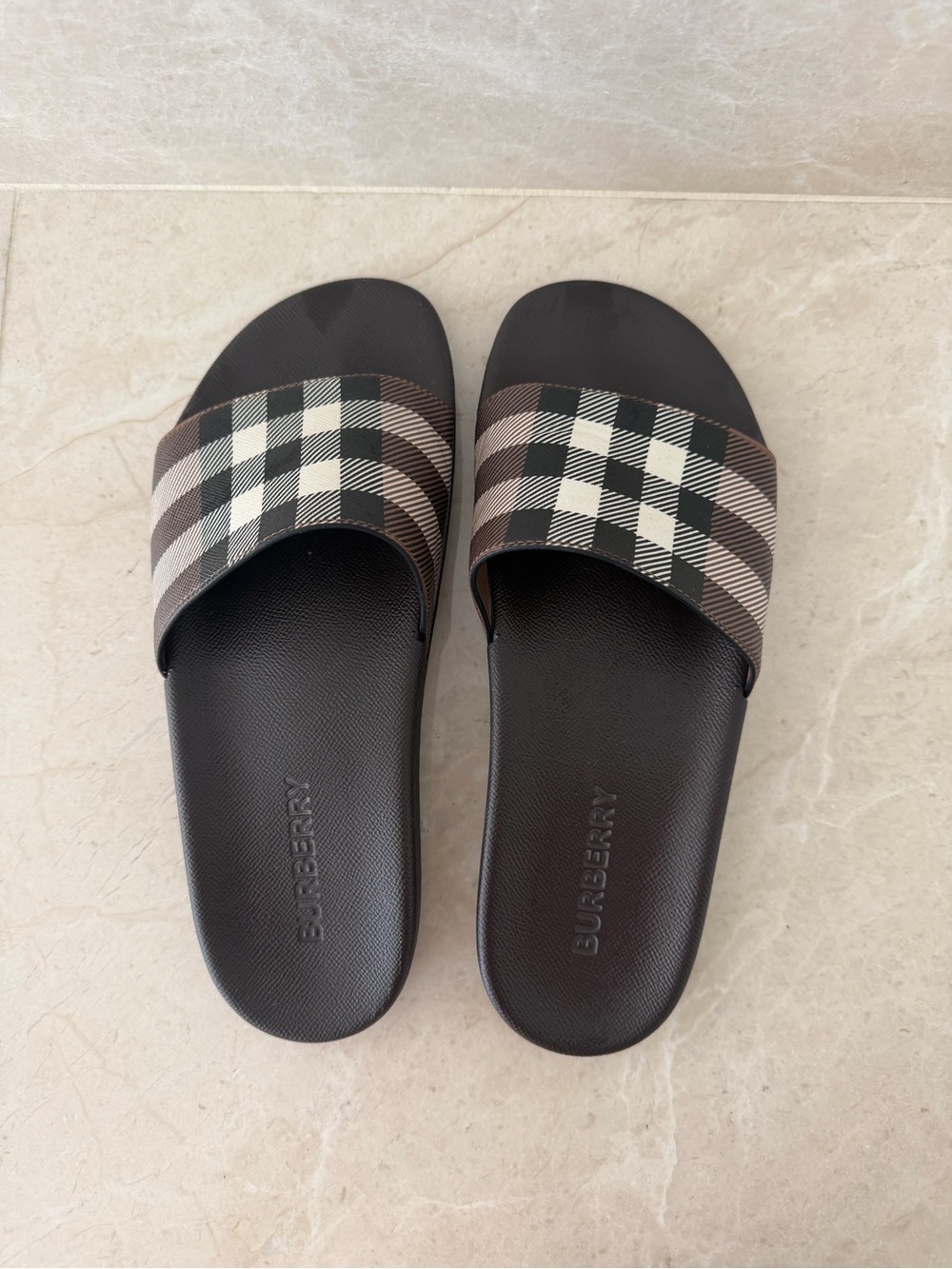 Burberry Black Leather Check Slide Sandals